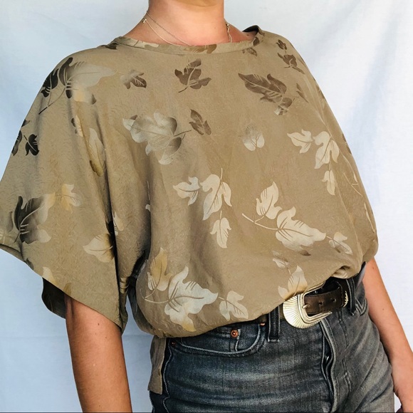 VTG 80s Silk Jacquard Leaf Textured Neutral Blouse